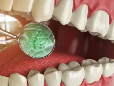 A close-up of a magnifying glass examining teeth with visible green bacteria.